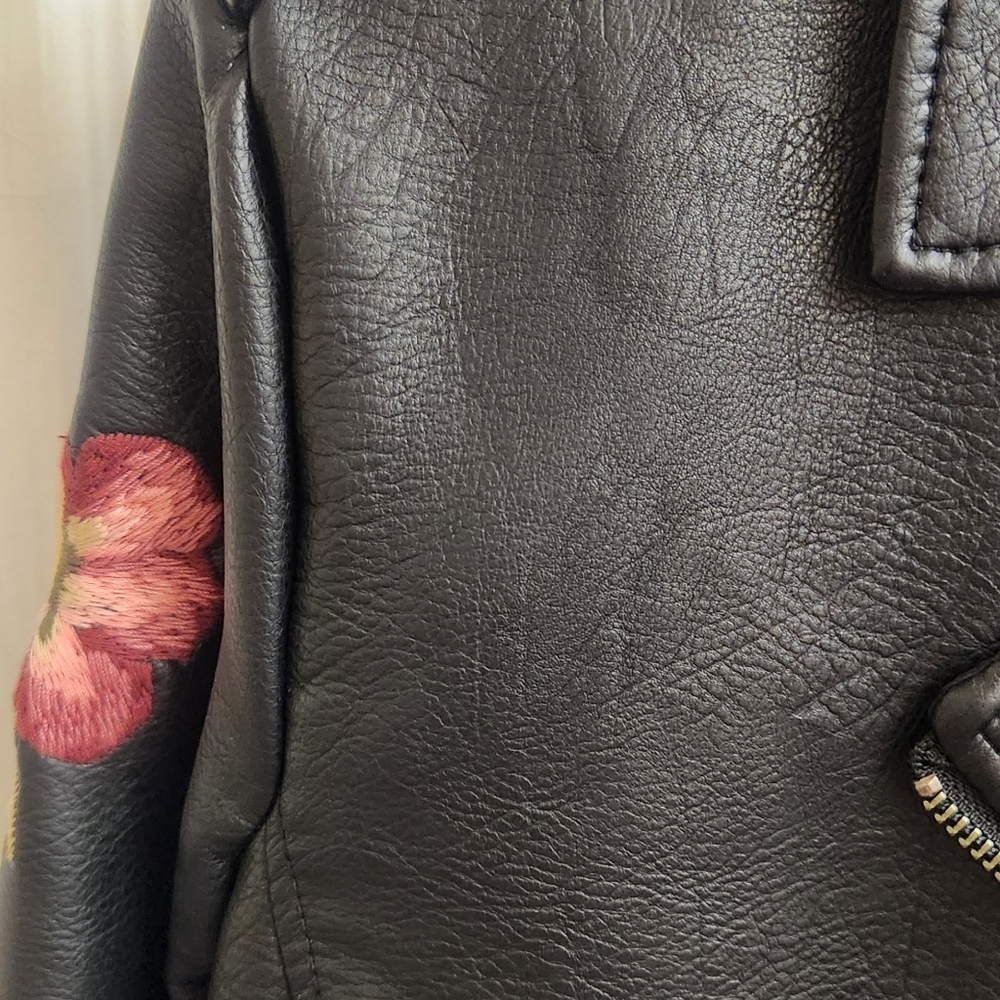 Jessica Simpson Black Leather Jacket with Pink Floral Embroidery - Picture 5 of 9